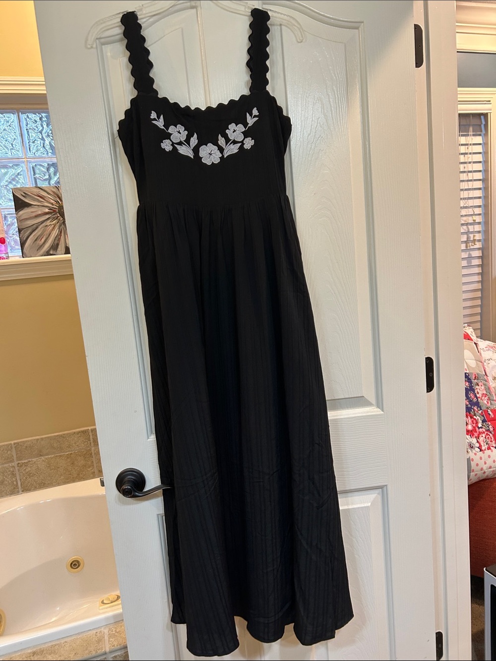 Flying Tomato Black Maxi Dress with White Floral Embroidery Accents